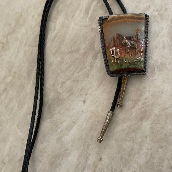 Vintage Jasper stone silver art Bolo tie desert theme with mule - Picture 1 of 12